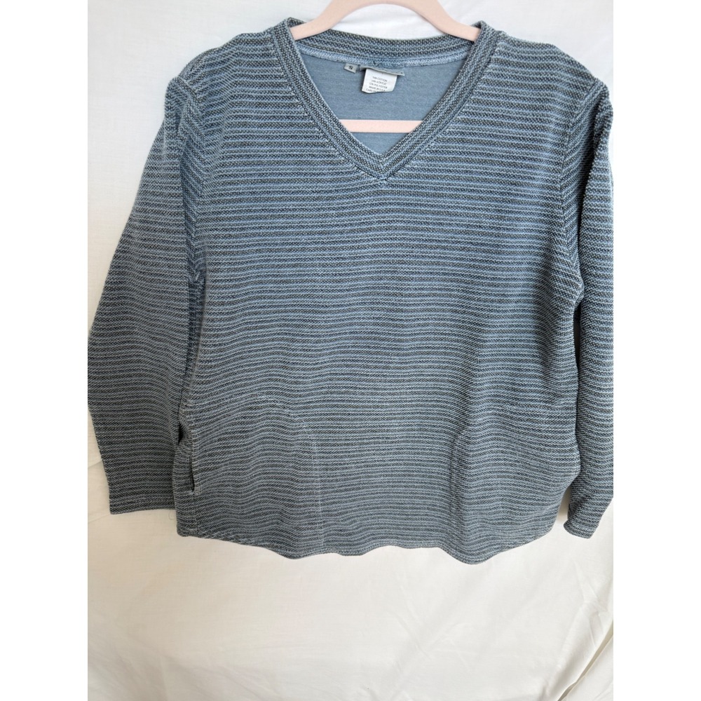 Textured Blue Gray V-Neck Knit Sweater with Pockets Small Cotton Blend